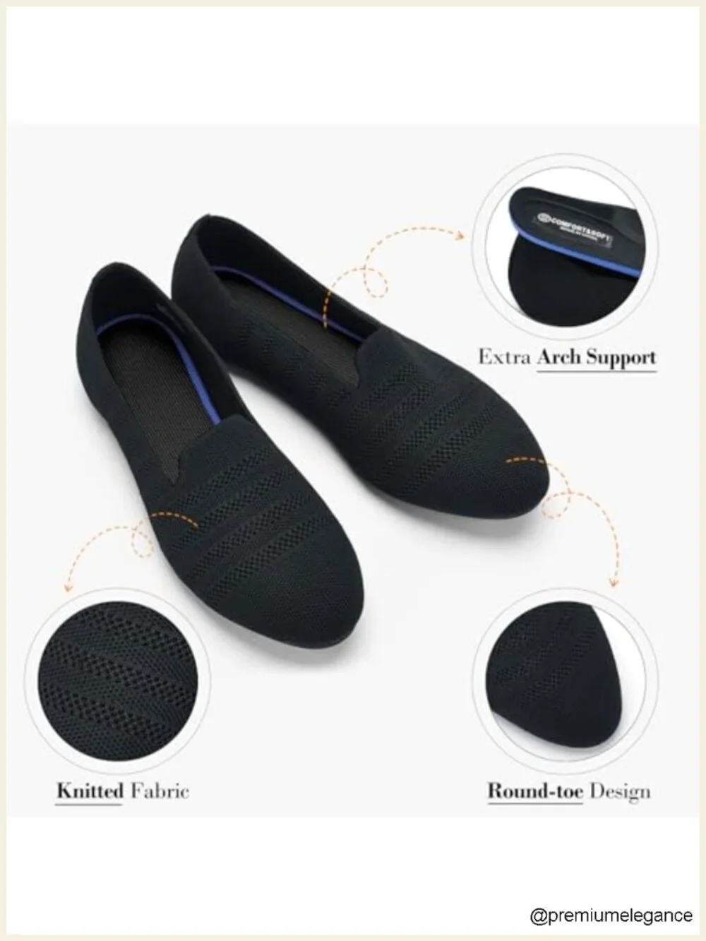 Knit Flats Women Round Toe Ballerina Slip-On Arch Support Foldable Washable for